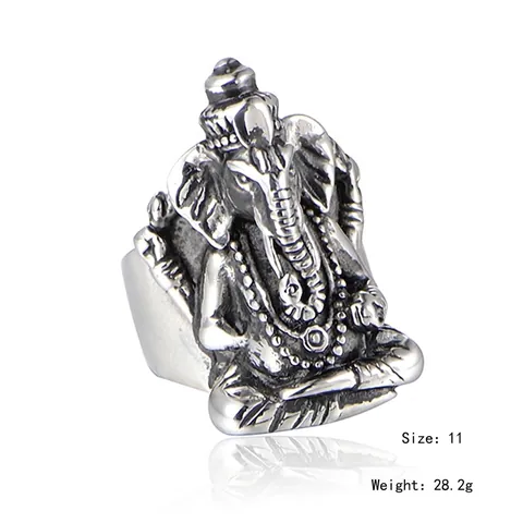 Anello in Acciaio Inossidabile Lord Ganesha in Rilievo per Uomo Gioielli Religiosi Retrò Dio Elefante Stile Punk Regalo
