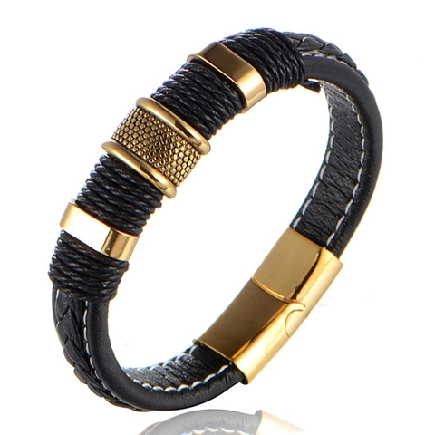 Bracciale Unisex in Pelle Intrecciata Nera Acciaio Inossidabile Chiusura Magnetica Oro Accento Metallo Geometrico Gioielli
