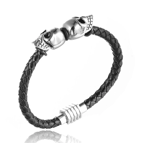 Punk Edelstahl Geflochten Kunstleder Armband Doppel Totenkopf Geisterkopf Herren Biker Rock Schmuck Hip Hop Armband