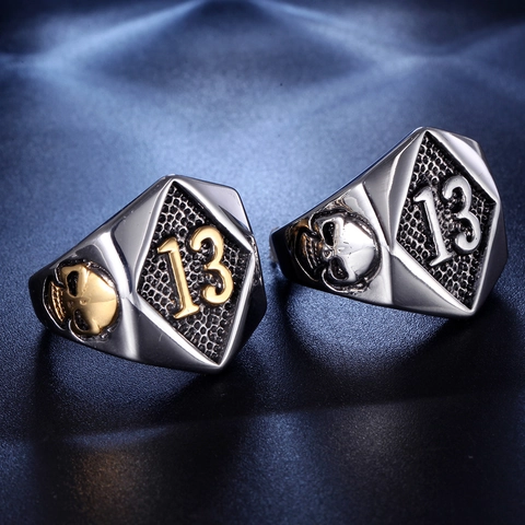 Vintage Punk Totenkopf Ring Nummer 13 Schild Siegelring Für Herren Titanstahl Biker Rock Gothic Schmuck Gold Silber Bicolor