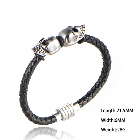 Punk Edelstahl Geflochten Kunstleder Armband Doppel Totenkopf Geisterkopf Herren Biker Rock Schmuck Hip Hop Armband