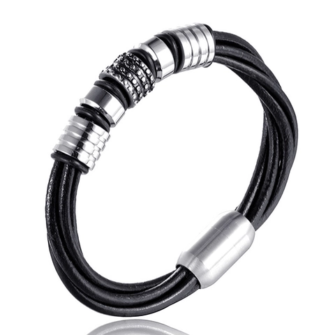 Herren Gewebtes Lederarmband Edelstahl Strass Mehrlagiges Kordelarmband Mit Magnetverschluss Mode Handschmuck