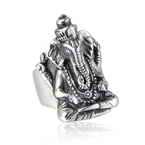 Anello in Acciaio Inossidabile Lord Ganesha in Rilievo per Uomo Gioielli Religiosi Retrò Dio Elefante Stile Punk Regalo