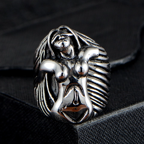 Anillo Punk de Acero Inoxidable Vintage para Hombre Mujer Gótico Relieve Cuerpo Femenino Anillo de Banda Oxidado Joyería