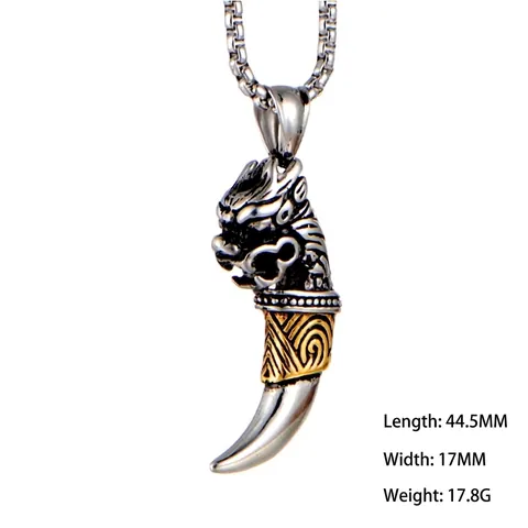 Collier Pendentif Tête de Dragon Dent de Loup Vintage en Acier Titane pour Hommes Punk Gothique Bijoux Animaux Cadeau