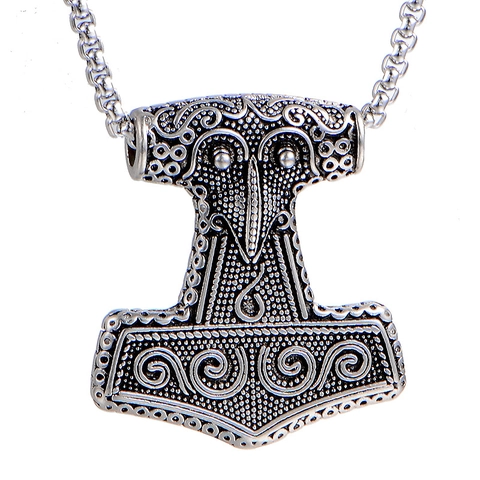 Stainless Steel Viking Thor's Hammer Mjölnir Pendant Necklace Vintage Nordic Mythology Relief Jewelry For Men Steel Color