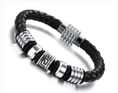 Men's Braided Leather Bracelet Stainless Steel Magnetic Clasp Greek Key Charm Meander Geometric Style Jewelry Wristband Gift