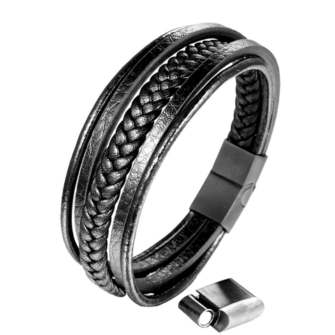 Men's Multi-layer Leather Bracelet Stainless Steel Magnetic Clasp Woven Cowhide Hand Ring Black Adjustable Fashion Jewelry