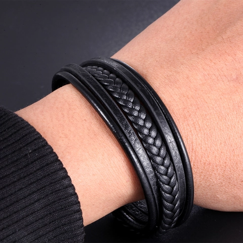 Men's Multi-layer Leather Bracelet Stainless Steel Magnetic Clasp Woven Cowhide Hand Ring Black Adjustable Fashion Jewelry