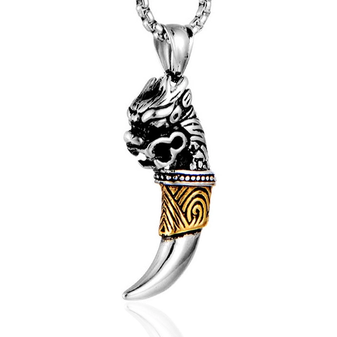 Collier Pendentif Tête de Dragon Dent de Loup Vintage en Acier Titane pour Hommes Punk Gothique Bijoux Animaux Cadeau