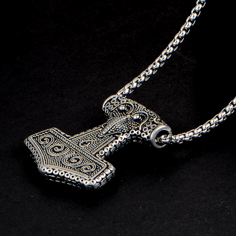 Stainless Steel Viking Thor's Hammer Mjölnir Pendant Necklace Vintage Nordic Mythology Relief Jewelry For Men Steel Color