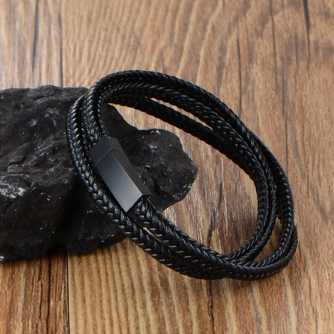 Pulsera de Cuero Artificial Trenzado de Varias Capas para Hombre Cierre Magnético de Acero Inoxidable Joyería Negra