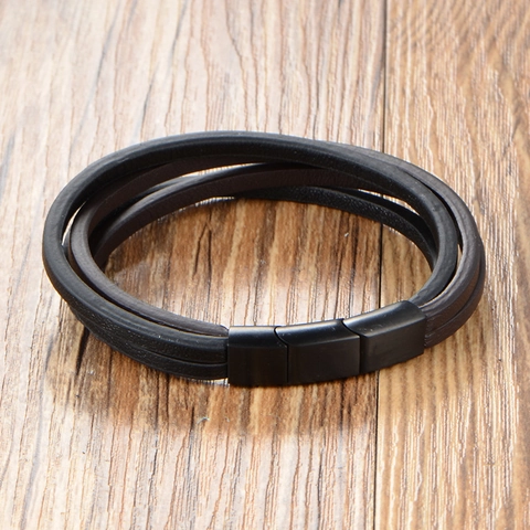 Herren Edelstahl Leder Armband Mehrlagig Geflochtenes Seil Magnetverschluss Casual Punk Mode Handschmuck Armreif Geschenk