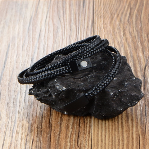Pulsera de Cuero Artificial Trenzado de Varias Capas para Hombre Cierre Magnético de Acero Inoxidable Joyería Negra