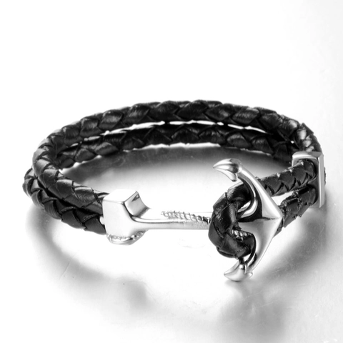 Bracciale da Uomo Vintage Nautico con Ancora Doppio Strato in Pelle Artificiale Intrecciata Chiusura in Acciaio al Titanio