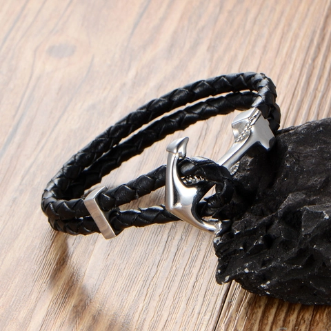 Bracciale da Uomo Vintage Nautico con Ancora Doppio Strato in Pelle Artificiale Intrecciata Chiusura in Acciaio al Titanio
