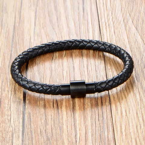 Bracciale da Uomo Casual in Pelle Intrecciata Nera Con Chiusura Magnetica in Acciaio Inossidabile Gioielli Artigianali Minimalisti Regalo per Lui