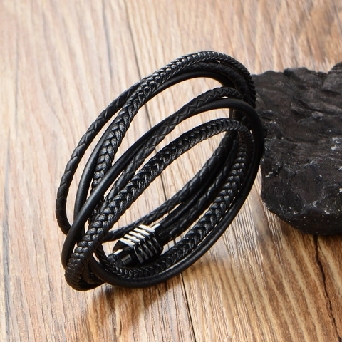 Bracciale da Uomo in Pelle Intrecciata Multistrato Nera Con Chiusura Magnetica in Acciaio Inossidabile Punk Hip Hop