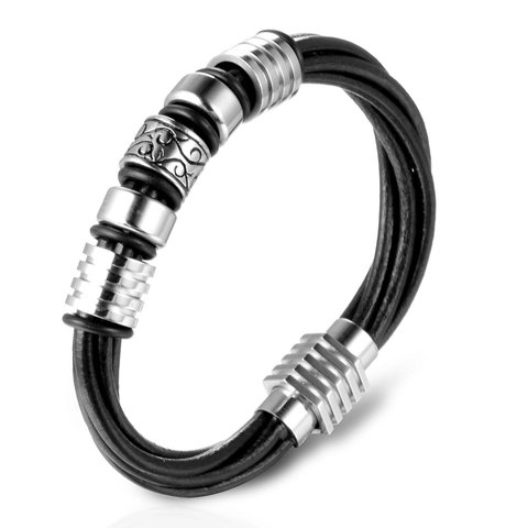 Herren Geflochtenes Leder Armband Edelstahl Mehrsträngig Magnetverschluss Vintage Schnörkel Charm Schmuck Geschenk