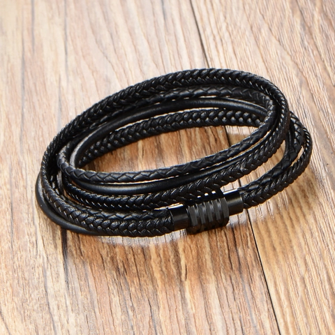 Bracciale da Uomo in Pelle Intrecciata Multistrato Nera Con Chiusura Magnetica in Acciaio Inossidabile Punk Hip Hop