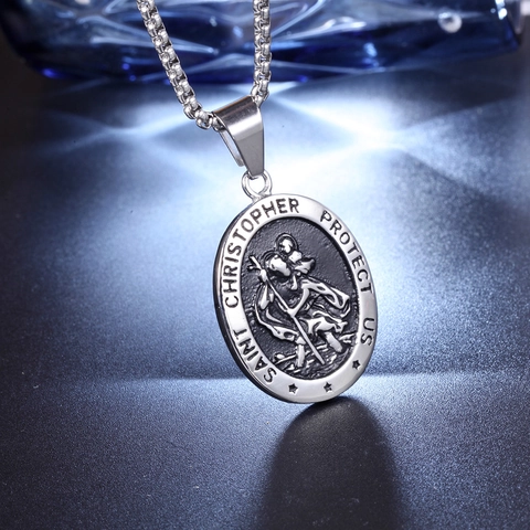 Vintage Saint Christopher Protect Us Acciaio Inossidabile Rilievo Ovale Ciondolo Religioso Gioielli Protezione Regalo Solo Ciondolo