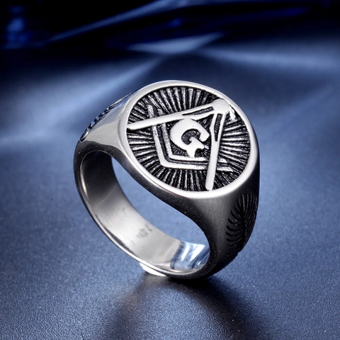Anillo de Sello de Francmasonería de Acero Inoxidable Vintage para Hombre Retro Brújula Escuadra Letra G Punk Joyería