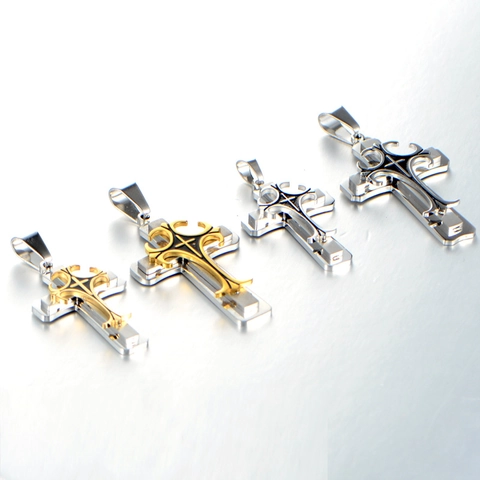 Vintage Titanium Staal Drielaagse Kruis Hanger Ketting Voor Heren Vrouwen Gothische Roestvrijstalen Religieuze Sieraden