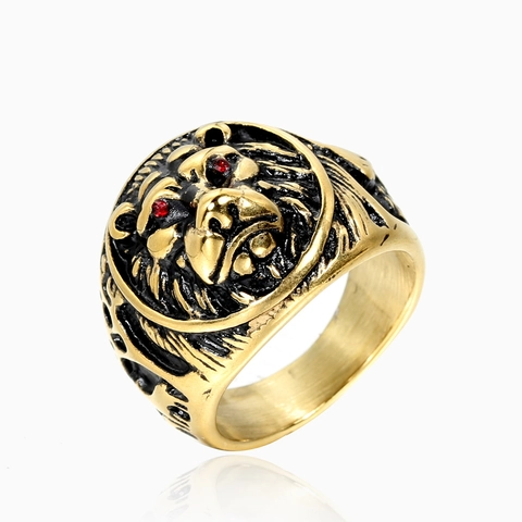Vintage Punk Stainless Steel Lion Head Ring For Men Gothic Animal Signet Ring With Red Rhinestone Eyes Hip Hop Jewelry