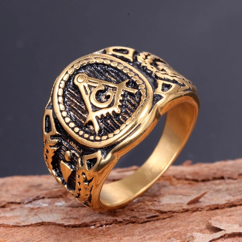 Anillo de Sello de Acero Inoxidable G Francmasonería para Hombre Retro Oro Negro Plata Banda Geométrica Hip Hop Punk Joyería