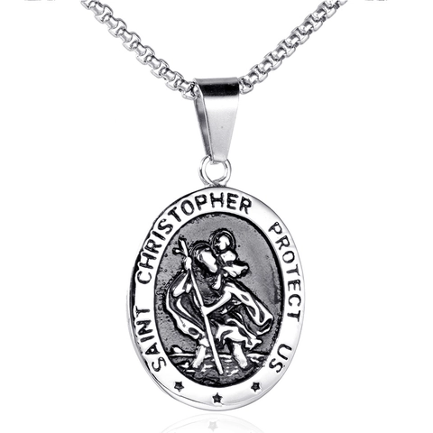 Vintage Saint Christopher Protect Us Acciaio Inossidabile Rilievo Ovale Ciondolo Religioso Gioielli Protezione Regalo Solo Ciondolo