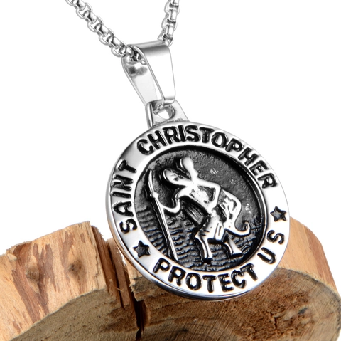 Saint Christopher Protect Us Round Religious Pendant Stainless Steel Vintage Embossed Amulet For Men Women Jewelry Gift