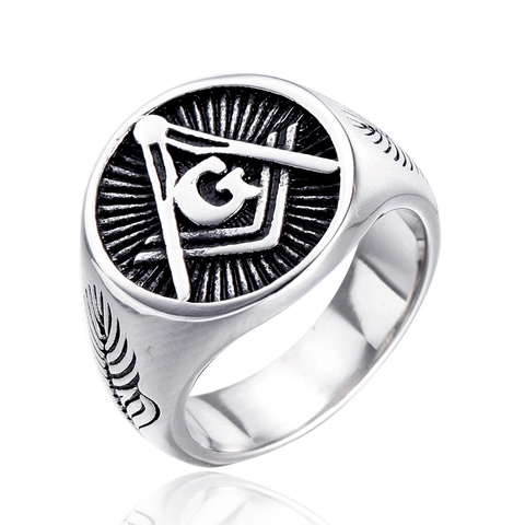 Anillo de Sello de Francmasonería de Acero Inoxidable Vintage para Hombre Retro Brújula Escuadra Letra G Punk Joyería