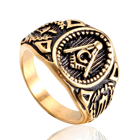 Men Masonic Ring Vintage Stainless Steel Freemasonry Square Compass G Signet Ring Gold Silver Black Retro Band Jewelry