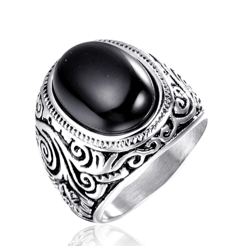 Anello in Rilievo in Acciaio Inossidabile Vintage da Uomo Con Pietra Nera Turchese Blu Stile Punk Bohemien Gioielli Moda