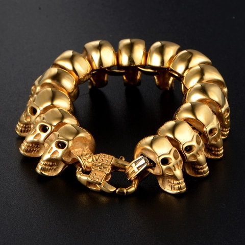 Bracciale Punk in Acciaio Inossidabile Oro con Teschio per Uomo Heavy Metal Gotico Rock Stile Hip Hop Biker Gioielli Regalo