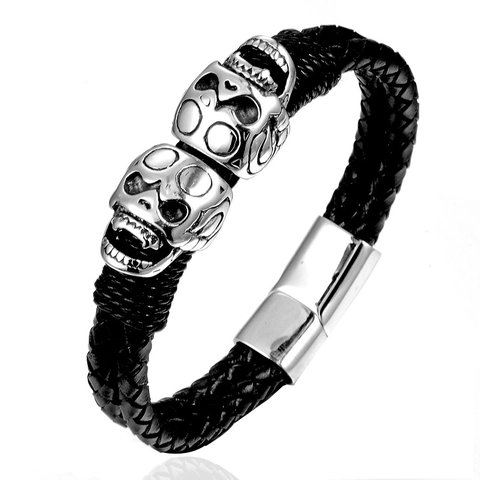 Herren Punk Doppel Totenkopf Geflochten Armband Edelstahl Schwarze Kordel Magnetschnalle Rock Schmuck