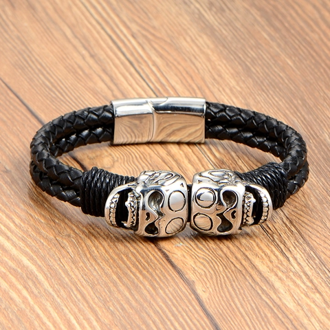 Herren Punk Doppel Totenkopf Geflochten Armband Edelstahl Schwarze Kordel Magnetschnalle Rock Schmuck
