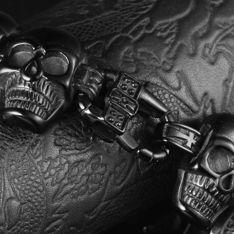 Heren Roestvrij Staal Schedel Armband Gothic Punk Biker Sieraden Mat Zwart Skelet Hoofd Schakelarmband Cadeau Voor Mannen