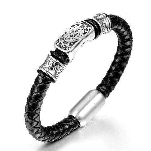Herren Vintage Geflochtenes Lederarmband Mit Edelstahl Magnetverschluss Retro Graviertes Muster Punk Schmuck Armreif