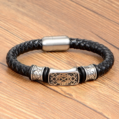 Herren Vintage Geflochtenes Lederarmband Mit Edelstahl Magnetverschluss Retro Graviertes Muster Punk Schmuck Armreif