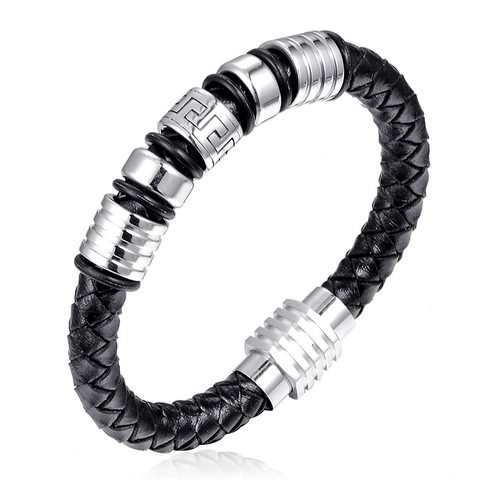Bracciale da Uomo di Moda in Pelle Intrecciata Con Ornamenti in Acciaio Inossidabile Motivo a Chiave Greca Chiusura Magnetica Gioielli
