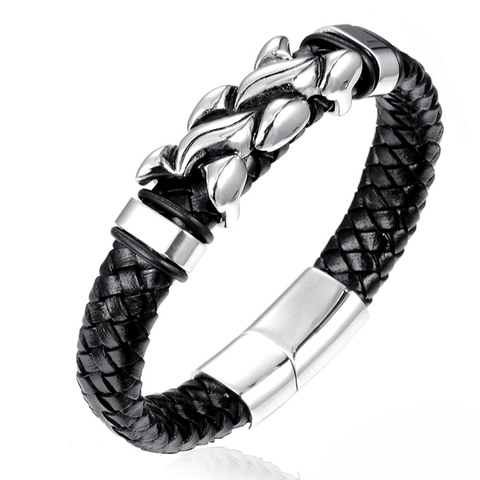 Bracciale in Pelle Intrecciata da Uomo Punk in Acciaio Inossidabile Ornamento a Fiamma Chiusura Magnetica Gioielli alla Moda