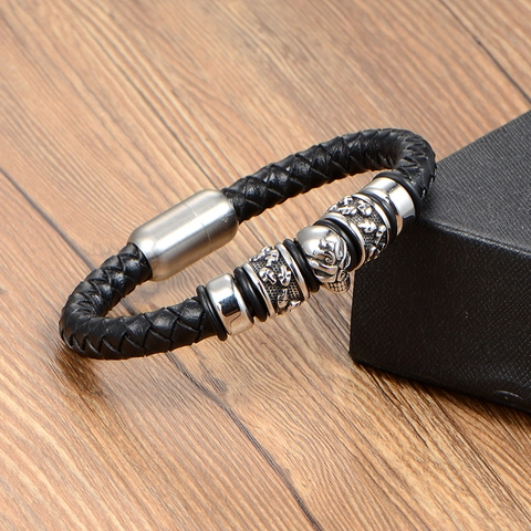 Pulsera de Cuero Trenzado de Calavera de Acero Inoxidable Retro Punk para Hombre Cierre Magnético Gótico Joyas de Moda
