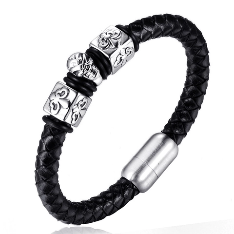 Bracciale da Uomo in Pelle Intrecciata Nera Retro Punk Ciondolo a Teschio in Acciaio al Titanio Chiusura Magnetica Gioielli Gotici