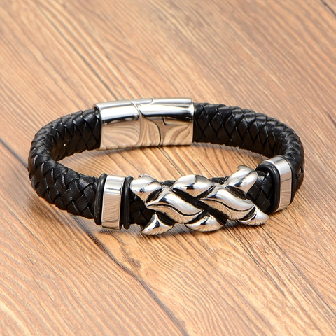 Bracciale in Pelle Intrecciata da Uomo Punk in Acciaio Inossidabile Ornamento a Fiamma Chiusura Magnetica Gioielli alla Moda