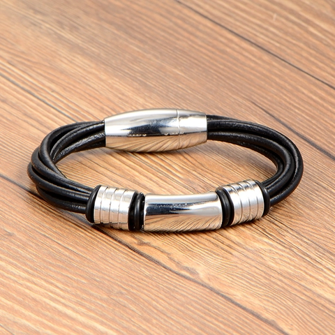 Bracciale in Pelle Intrecciata da Uomo di Moda Con Chiusura Magnetica in Acciaio al Titanio Stile Punk Gioielli da Uomo