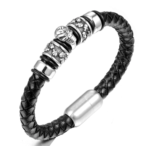 Pulsera de Cuero Trenzado de Calavera de Acero Inoxidable Retro Punk para Hombre Cierre Magnético Gótico Joyas de Moda