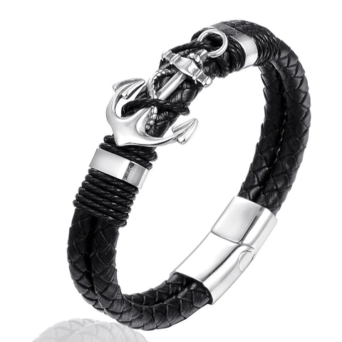Bracciale da Uomo Vintage con Ancora in Pelle Intrecciata Nera Acciaio al Titanio Chiusura Magnetica Braccialetto Nautico Gioielli di Moda
