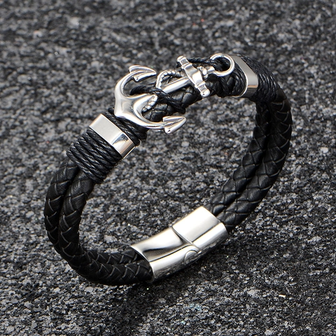 Bracciale da Uomo Vintage con Ancora in Pelle Intrecciata Nera Acciaio al Titanio Chiusura Magnetica Braccialetto Nautico Gioielli di Moda
