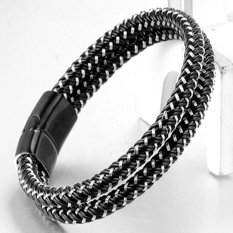 Pulsera Vintage de Cuero Trenzado para Hombre Con Cierre Magnético de Acero de Titanio de Doble Vuelta Cuerda Negro Plata Joyería de Moda